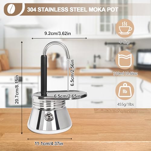 Mogrecha Uncoated 4 Cup Single Tube Moka Pot 304 Thickened Stainless Steel Mini Coffee Maker Stovetop Espresso Coffeemaker Italian Classic Style Brewing Greca Cafe Mocha for Camping Travel Home 310ml - Image 2