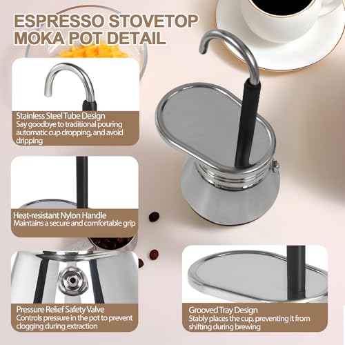 Mogrecha Uncoated 4 Cup Single Tube Moka Pot 304 Thickened Stainless Steel Mini Coffee Maker Stovetop Espresso Coffeemaker Italian Classic Style Brewing Greca Cafe Mocha for Camping Travel Home 310ml - Image 5