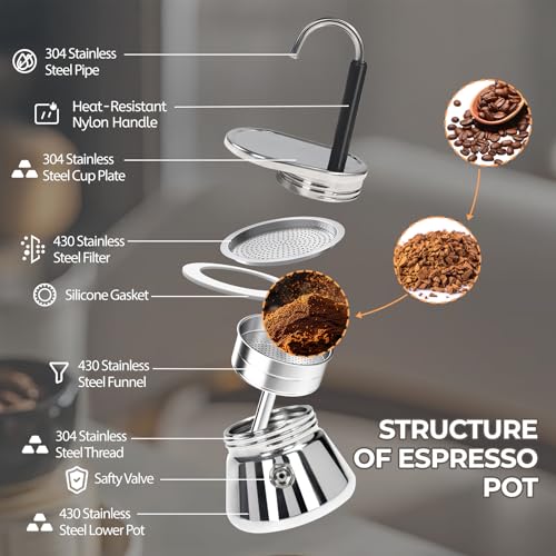 Mogrecha Uncoated 4 Cup Single Tube Moka Pot 304 Thickened Stainless Steel Mini Coffee Maker Stovetop Espresso Coffeemaker Italian Classic Style Brewing Greca Cafe Mocha for Camping Travel Home 310ml - Image 4