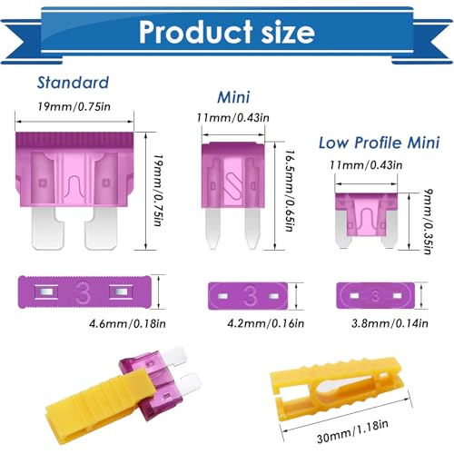 Eoppen Car Fuses Assortment Kit with Fuse Puller and Circuit Tester - Standard & Mini & Low Profile Mini Fuse Kit (3A 5A 7.5A 10A 15A 20A 25A 30A 35A 40A) - Image 3