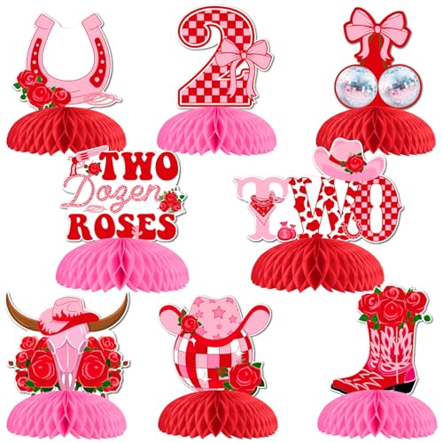 Blisstock Two Dozen Roses Cowgirl 2nd Birthday Decorations 8Pcs Two Dozen Roses Honeycomb Centerpieces Pink Floral Western Rodeo Theme 2 Years Old Birthday Decor for Girls Pink Second Disco Hat Rose - Image 1