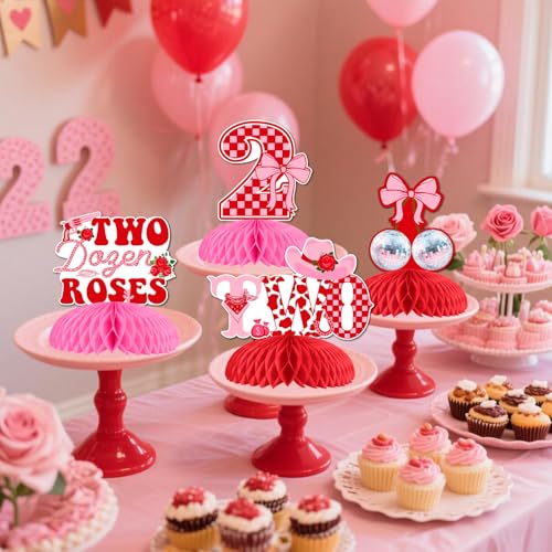 Blisstock Two Dozen Roses Cowgirl 2nd Birthday Decorations 8Pcs Two Dozen Roses Honeycomb Centerpieces Pink Floral Western Rodeo Theme 2 Years Old Birthday Decor for Girls Pink Second Disco Hat Rose - Image 5