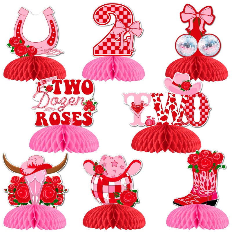Blisstock Two Dozen Roses Cowgirl 2nd Birthday Decorations 8Pcs Two Dozen Roses Honeycomb Centerpieces Pink Floral Western Rodeo Theme 2 Years Old Birthday Decor for Girls Pink Second Disco Hat Rose - Image 3