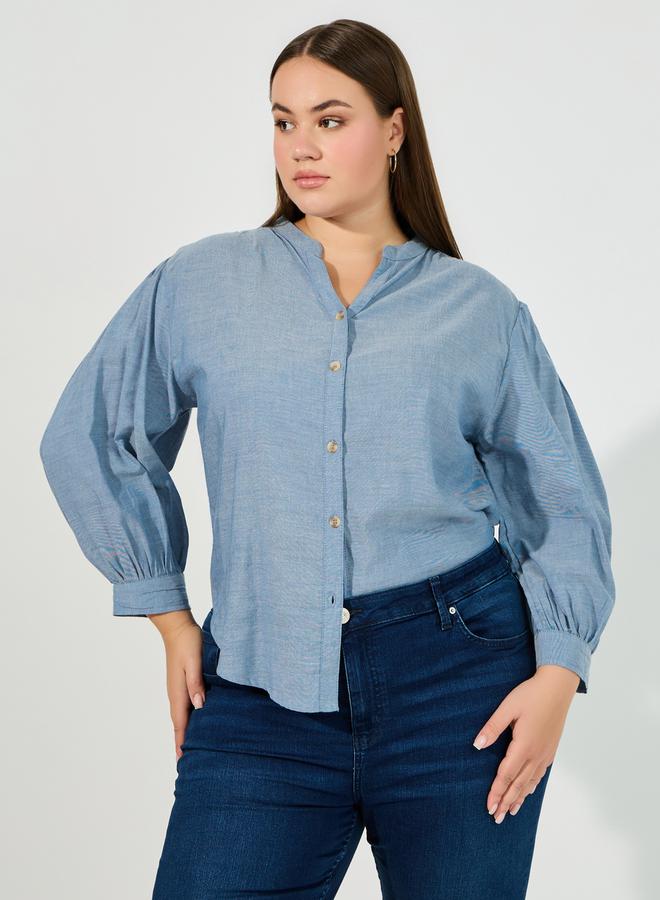 Styli Plus Size Solid Cotton Chambray Stand Collar Shirt - Image 1