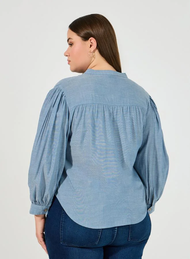 Styli Plus Size Solid Cotton Chambray Stand Collar Shirt