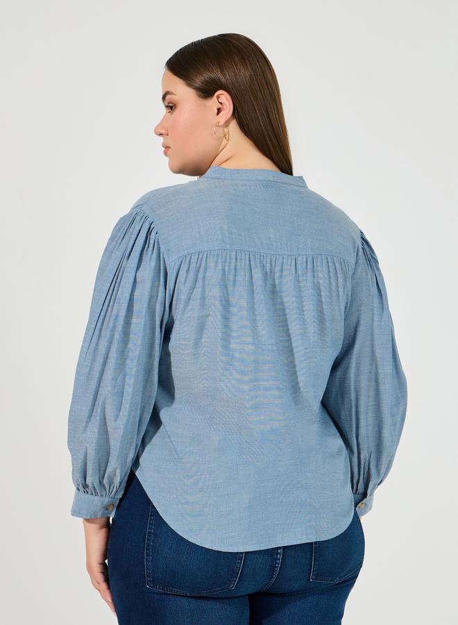 Styli Plus Size Solid Cotton Chambray Stand Collar Shirt - Image 5