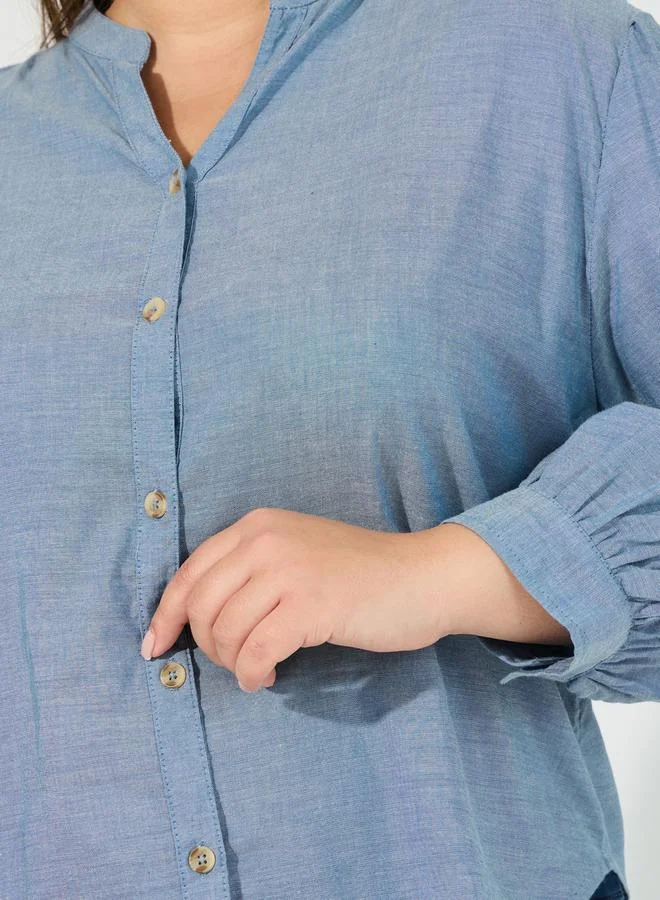 Styli Plus Size Solid Cotton Chambray Stand Collar Shirt