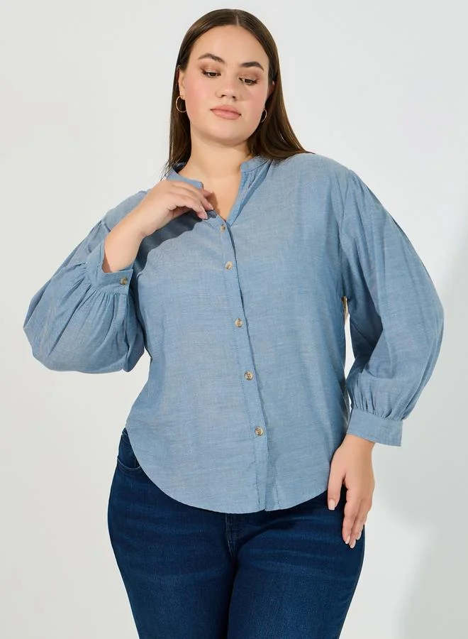 Styli Plus Size Solid Cotton Chambray Stand Collar Shirt