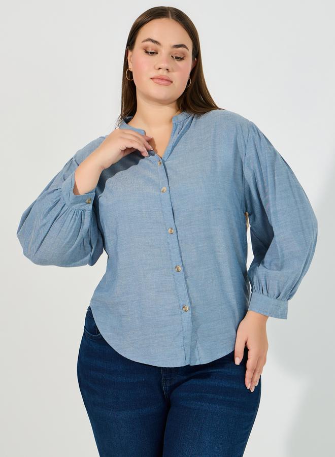 Styli Plus Size Solid Cotton Chambray Stand Collar Shirt - Image 3