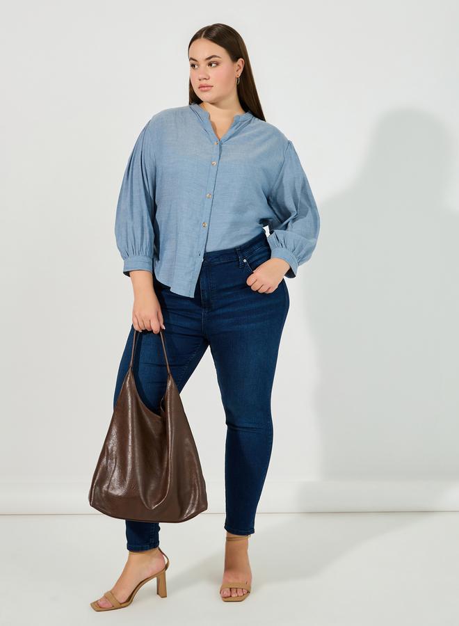 Styli Plus Size Solid Cotton Chambray Stand Collar Shirt - Image 2