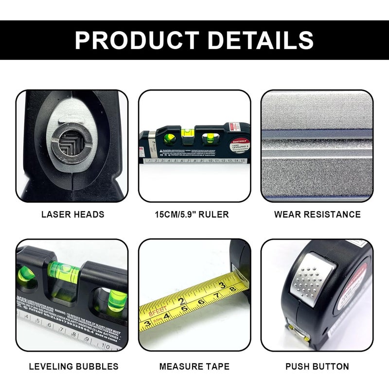 NORTOOLS NORTOOLS 4in1 Level toolsMultipurpose Cross Line Kit with Metric Rulers 8ft25M for Construction Home RenovationPicture Hanging Cabinets  - Image 4