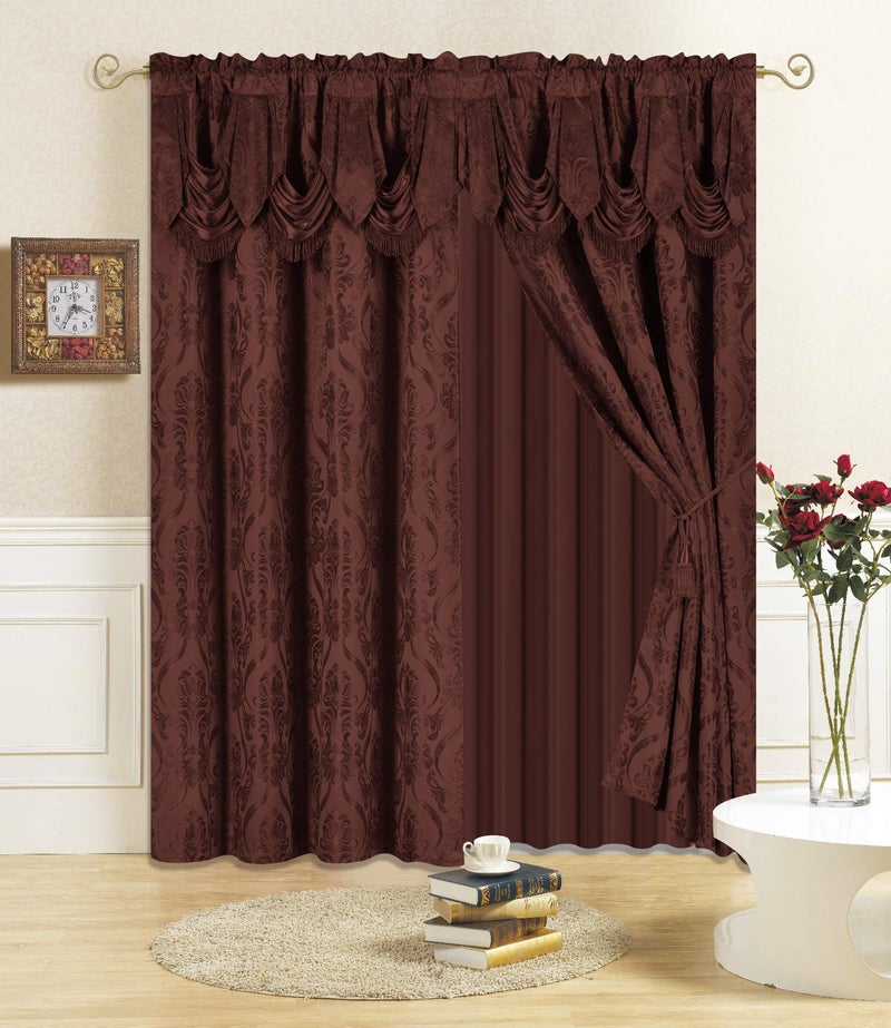 All American Collection New 4 Piece Drape Set with Attached Valance and Sheer with 2 Tie Backs Included 96 Length Coffee