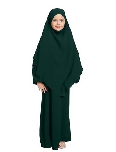 ODIZLI Abayas For Girls Muslim Dubai Arabic Dress For Kids Robes Long Sleeve Hijab Dresses Farasha Kaftan Jilbab Arabian Islamic Eid Dresses Kids Girls TwoPiece Muslim Prayer Dress Dark Green 1112 Years - Image 1
