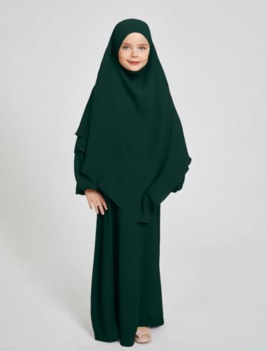 ODIZLI Abayas For Girls Muslim Dubai Arabic Dress For Kids Robes Long Sleeve Hijab Dresses Farasha Kaftan Jilbab Arabian Islamic Eid Dresses Kids Girls TwoPiece Muslim Prayer Dress Dark Green 1112 Years - Image 3