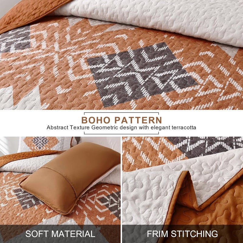 Dintszyayue Boho Quilt Set King Size 3 Pieces Aztec Texture Bedspread Coverlet Set Bohemian Quilt Bedding Set Microfiber Lightweight Bed Cover for All Seasons (Terracotta, 90"×103") - Image 3