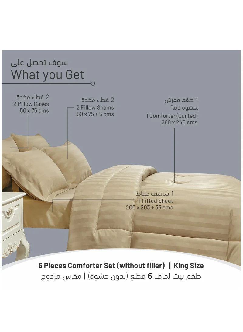 Donetella Comforter Set 6-Pcs King Size Bed Fits(200x200Cm)Damask Striped All Season Brushed Microfiber Double Bed Set With Down Alternative Filling,Beige