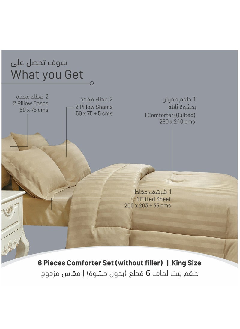 Donetella - Comforter Set 6-Pcs King Size Bed Fits(200x200Cm)Damask Striped All Season Brushed Microfiber Double Bed Set With Down Alternative Filling,Beige - Image 1