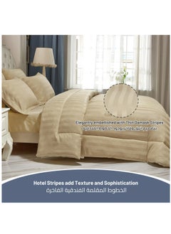 Donetella Comforter Set 6-Pcs King Size Bed Fits(200x200Cm)Damask Striped All Season Brushed Microfiber Double Bed Set With Down Alternative Filling,Beige  - Image 2