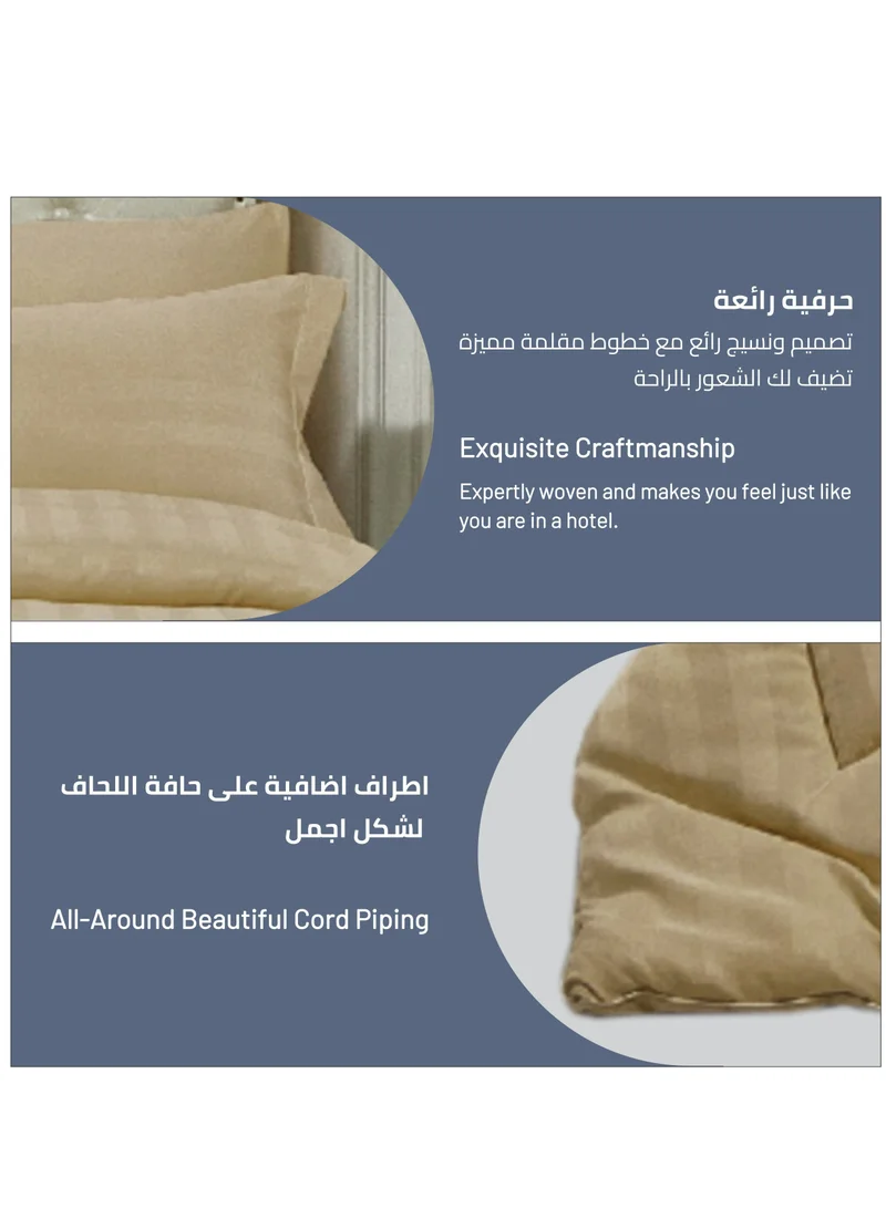 Donetella Comforter Set 6-Pcs King Size Bed Fits(200x200Cm)Damask Striped All Season Brushed Microfiber Double Bed Set With Down Alternative Filling,Beige