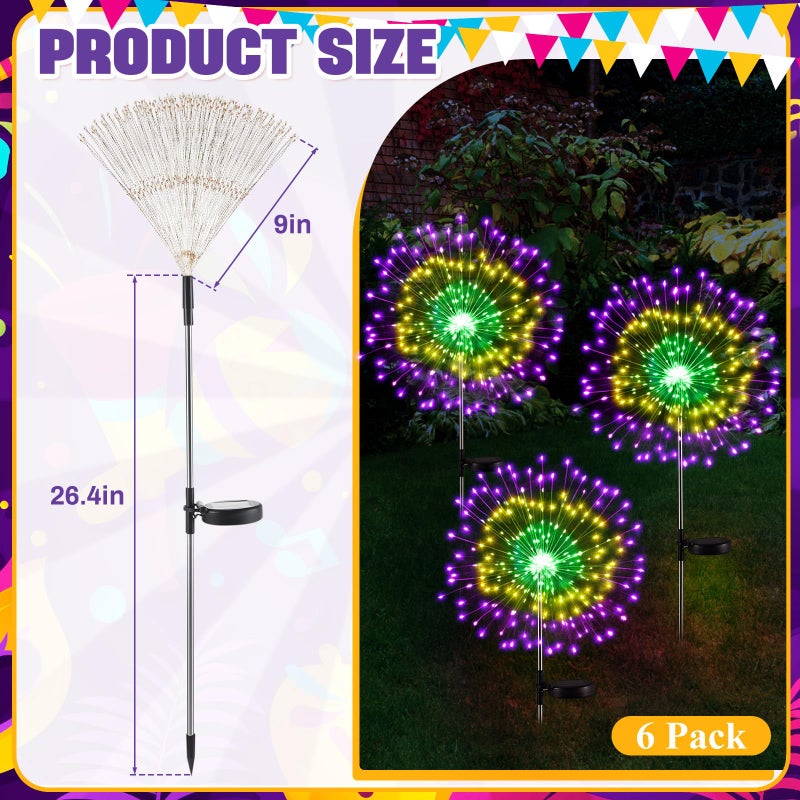 Tujoe 6 Pcs Mardi Gras Solar Firework Lights Solar Lights Outdoor Garden 120 LED 8 Modes Waterproof LED Sparkler Outdoor for Carnival Patio Yard Pathway Walkway (Carnival Color) - Image 2