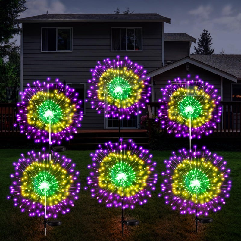Tujoe 6 Pcs Mardi Gras Solar Firework Lights Solar Lights Outdoor Garden 120 LED 8 Modes Waterproof LED Sparkler Outdoor for Carnival Patio Yard Pathway Walkway (Carnival Color) - Image 1