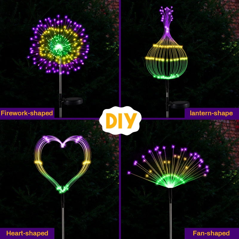 Tujoe 6 Pcs Mardi Gras Solar Firework Lights Solar Lights Outdoor Garden 120 LED 8 Modes Waterproof LED Sparkler Outdoor for Carnival Patio Yard Pathway Walkway (Carnival Color) - Image 5