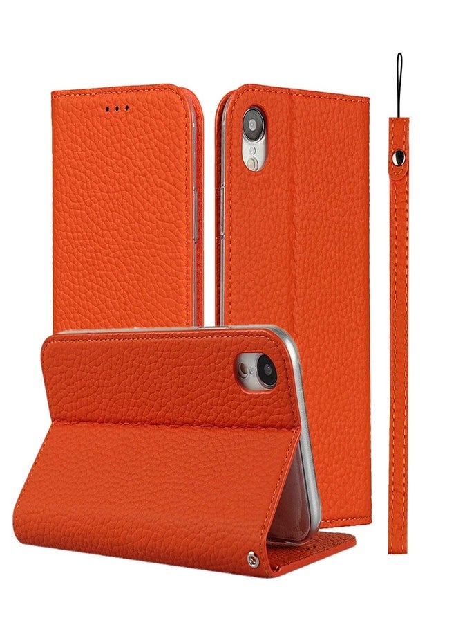 iCoverCase Genuine Leather Wallet Case for iPhone XR with Wrist Strap, Card Holder, Magnetic Closure, Kickstand (Orange) - Image 1