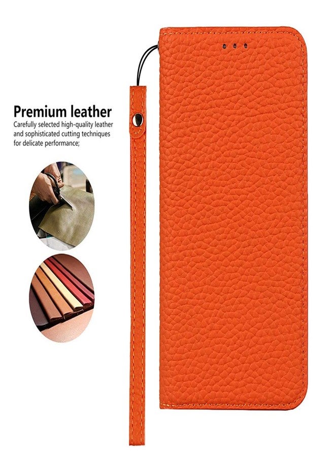 iCoverCase Genuine Leather Wallet Case for iPhone XR with Wrist Strap, Card Holder, Magnetic Closure, Kickstand (Orange) - Image 3