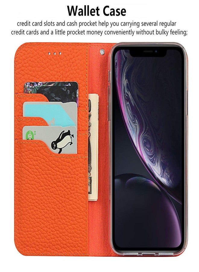 iCoverCase Genuine Leather Wallet Case for iPhone XR with Wrist Strap, Card Holder, Magnetic Closure, Kickstand (Orange) - Image 5