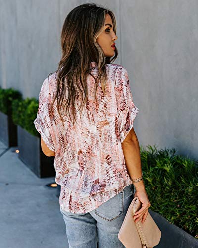 ANCAPELION Women’s Summer Chiffon Blouse Casual Short Sleeve V Neck Shirt Loose Printed Cuffed Sleeve Tunic Tops for Women Light Pink Printed Large - Image 2