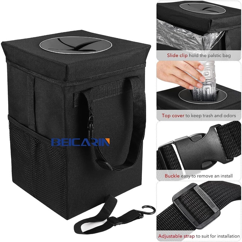 Beicarin Car Trash Can with Lid and Storage Pockets - Foldable Portable Organizer, Leak Proof, 7L Capacity - Image 2