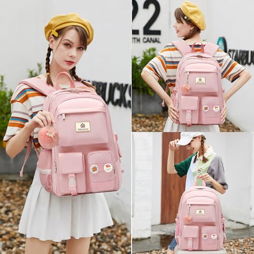 Hidds Laptop Backpacks 15.6 Inch College Backpack Elementary Middle High School Bag Large Cute Bookbags Anti Theft Travel Back Pack Casual Daypack Kids Book Bag for Teens Girls Women Students (Pink) - Image 2