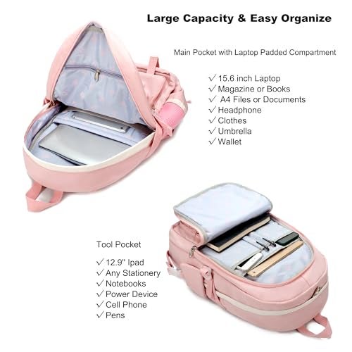 Hidds Laptop Backpacks 15.6 Inch College Backpack Elementary Middle High School Bag Large Cute Bookbags Anti Theft Travel Back Pack Casual Daypack Kids Book Bag for Teens Girls Women Students (Pink) - Image 3