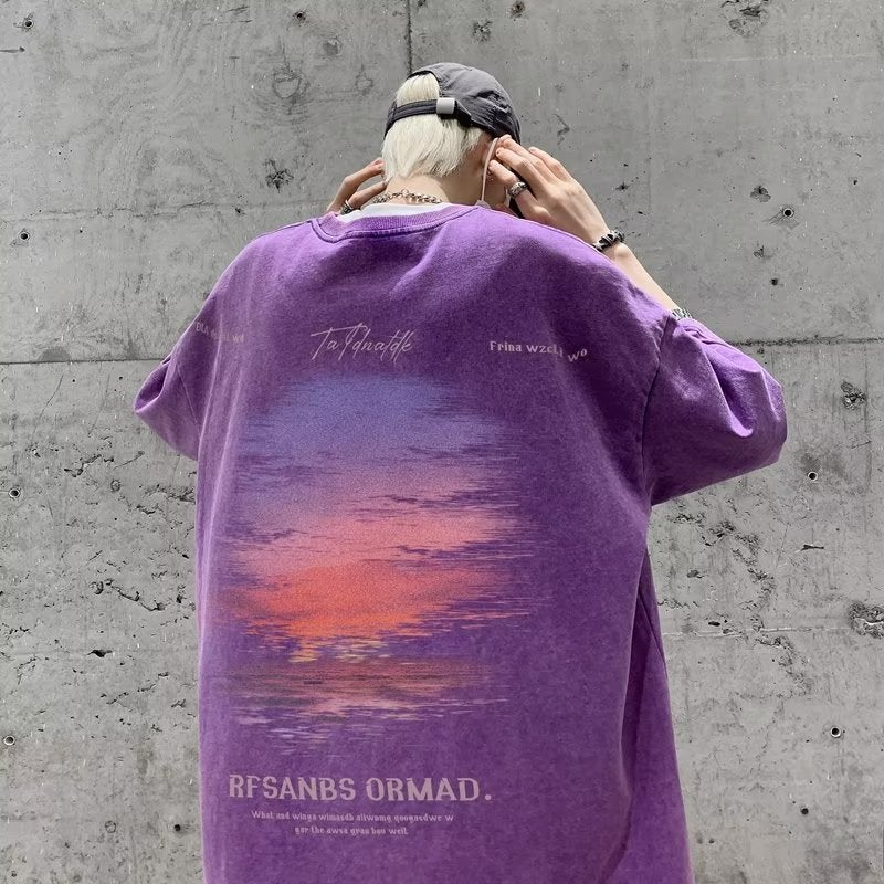 High Street Heavy Cotton Washed Old Purple T-Shirt Short-Sleeved Men'S Summer Instagram Popular Brand All-Match Couple Half-Sleeved Shirt - Image 2