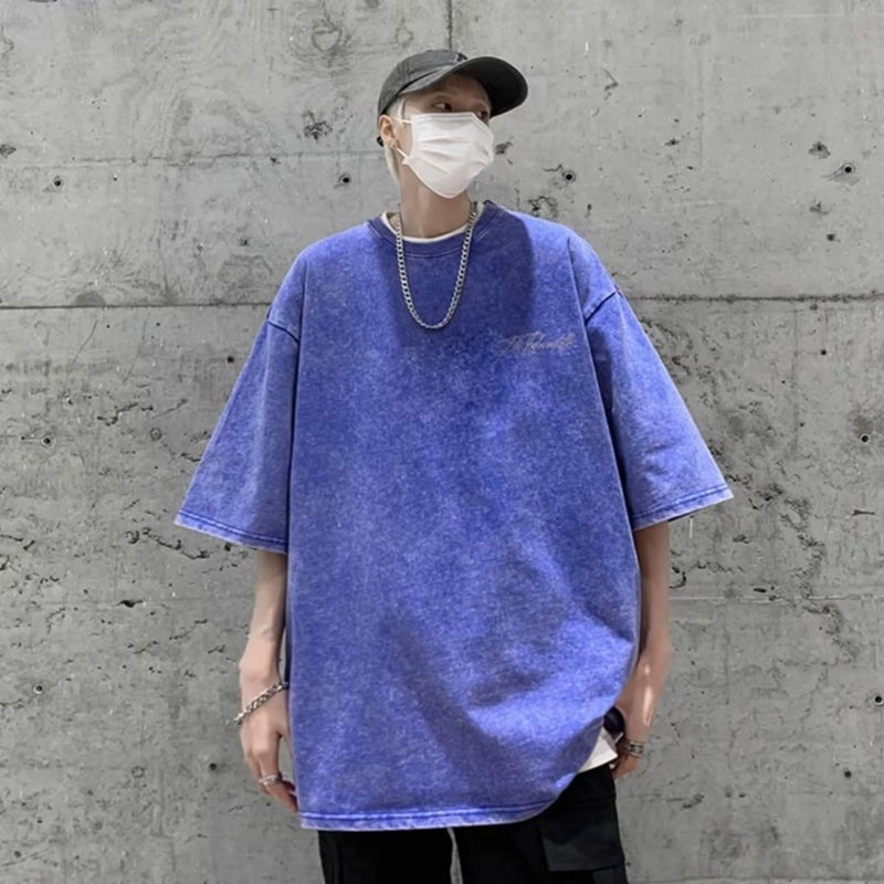 High Street Heavy Cotton Washed Old Purple T-Shirt Short-Sleeved Men'S Summer Instagram Popular Brand All-Match Couple Half-Sleeved Shirt - Image 3