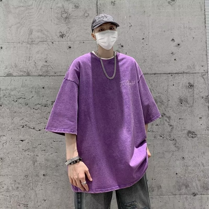 High Street Heavy Cotton Washed Old Purple T-Shirt Short-Sleeved Men'S Summer Instagram Popular Brand All-Match Couple Half-Sleeved Shirt - Image 5