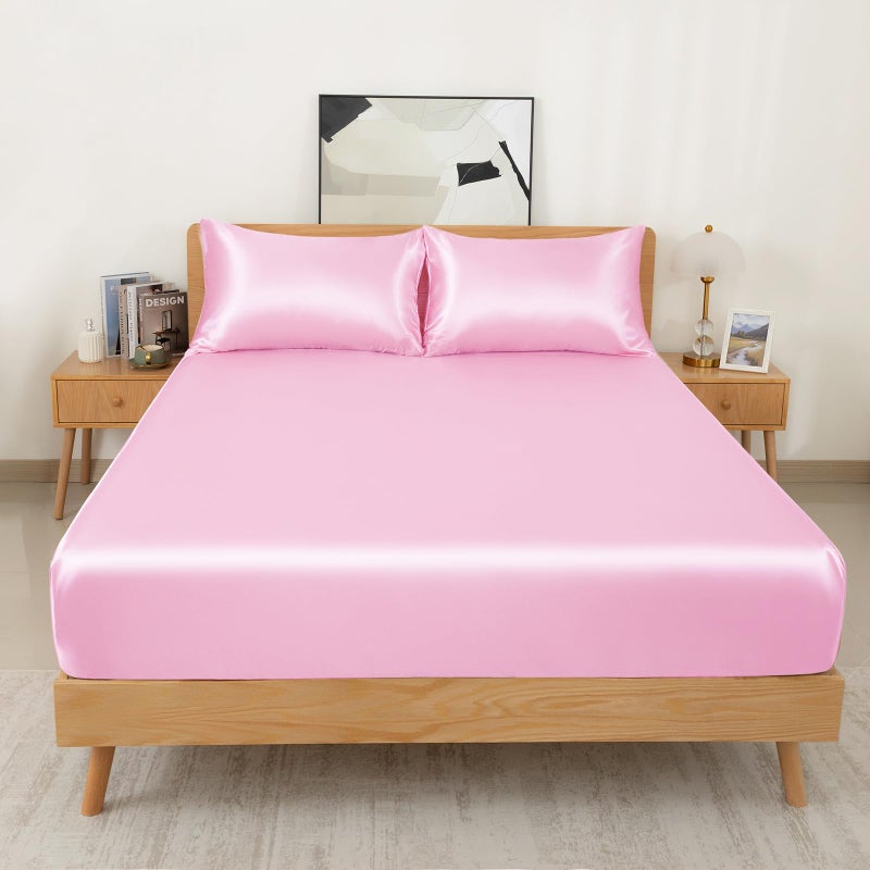 NSGZ 3 Pcs Satin Fitted Sheet and Pillowcase Set, Queen Silky Bottom Bedsheet Fit up to 15 Inch Deep Pocket Mattress, Pink Soft Satin Bedding Includes 1 Fitted Sheet and 2 Pillowcases - Image 2