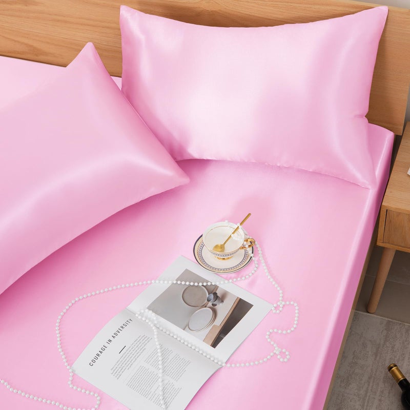 NSGZ 3 Pcs Satin Fitted Sheet and Pillowcase Set, Queen Silky Bottom Bedsheet Fit up to 15 Inch Deep Pocket Mattress, Pink Soft Satin Bedding Includes 1 Fitted Sheet and 2 Pillowcases - Image 3