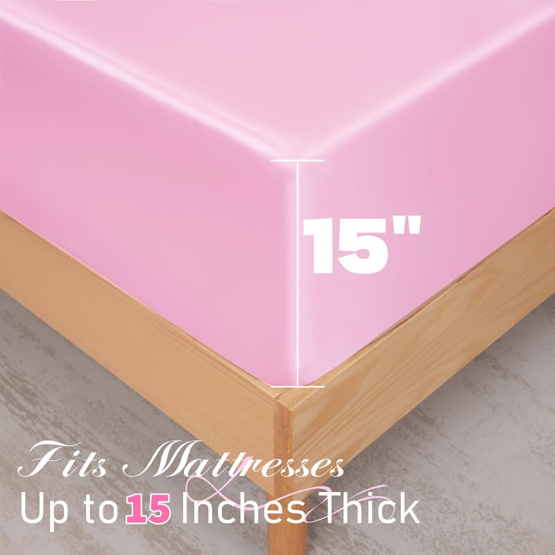 NSGZ 3 Pcs Satin Fitted Sheet and Pillowcase Set, Queen Silky Bottom Bedsheet Fit up to 15 Inch Deep Pocket Mattress, Pink Soft Satin Bedding Includes 1 Fitted Sheet and 2 Pillowcases - Image 4