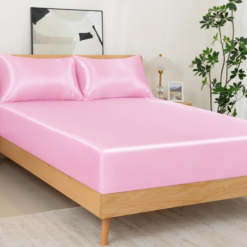 NSGZ 3 Pcs Satin Fitted Sheet and Pillowcase Set, Queen Silky Bottom Bedsheet Fit up to 15 Inch Deep Pocket Mattress, Pink Soft Satin Bedding Includes 1 Fitted Sheet and 2 Pillowcases - Image 1