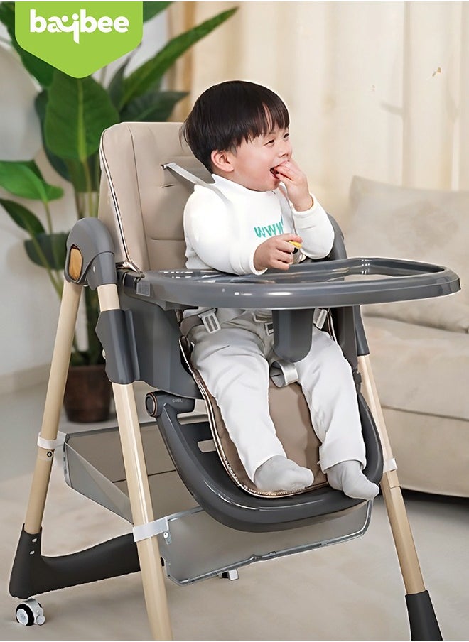 BAYBEE 3 In 1 Baby Feeding High Chair With 8 Height Adjustable, Footrest, Tray, 160 Degree Recline, 5 Point Safety Belt And Wheels, 0 Months To 6 Years, Brown  - Image 2