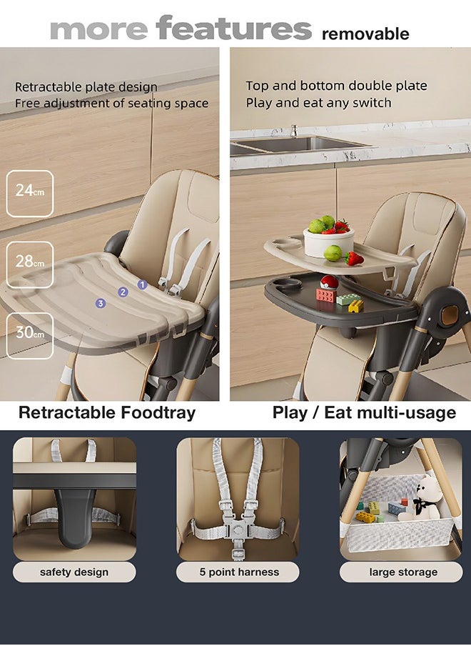 BAYBEE - 3 In 1 Baby Feeding High Chair With 8 Height Adjustable, Footrest, Tray, 160 Degree Recline, 5 Point Safety Belt And Wheels, 0 Months To 6 Years, Brown - Image 1