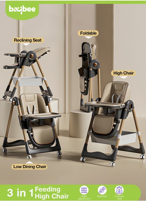 3 In 1 Baby Feeding High Chair With 8 Height Adjustable, Footrest, Tray, 160 Degree Recline, 5 Point Safety Belt And Wheels, 0 Months To 6 Years, Brown