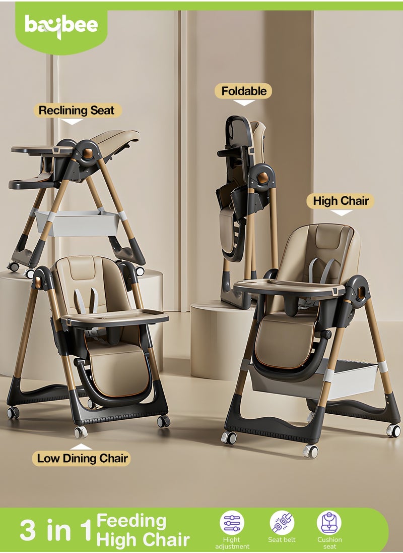 BAYBEE 3 In 1 Baby Feeding High Chair With 8 Height Adjustable, Footrest, Tray, 160 Degree Recline, 5 Point Safety Belt And Wheels, 0 Months To 6 Years, Brown  - Image 1
