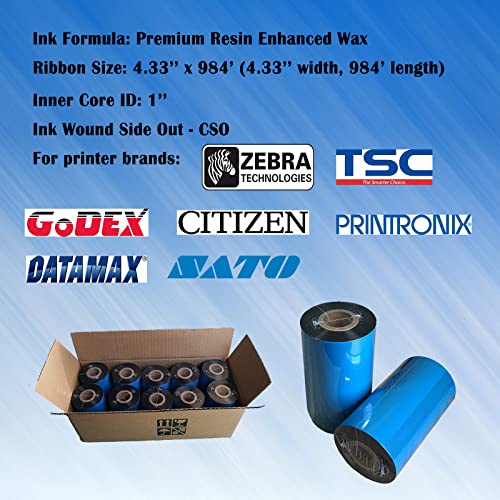 BEUYI (10 Rolls) 4.33'' x 984' Premium Resin Enhanced Wax Ribbon, 110mm x 300m Black Thermal Transfer Ribbon, Barcode Thermal Label Printer Ribbon, CSO-Ink Outside, 1'' Core for Zebra, TSC, GoDex, Citizen - Image 2