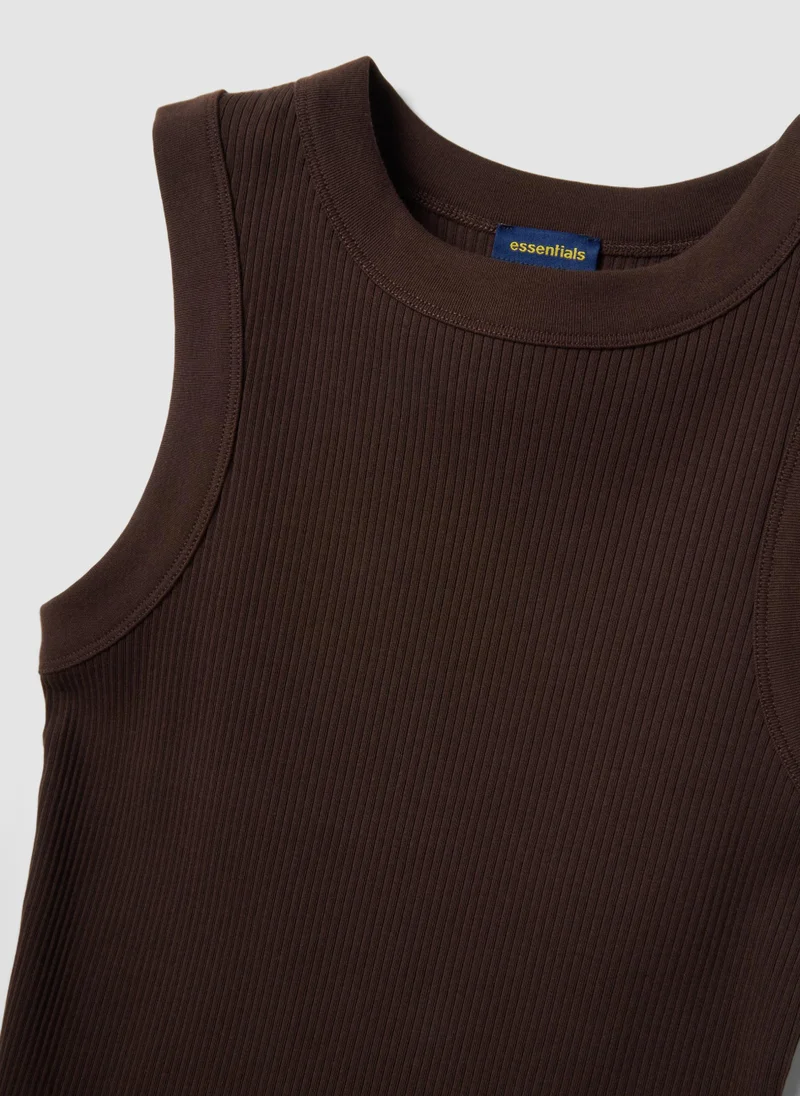 Ovs OVS Brown Fitted Ribbed Stretch-Cotton Tank Top