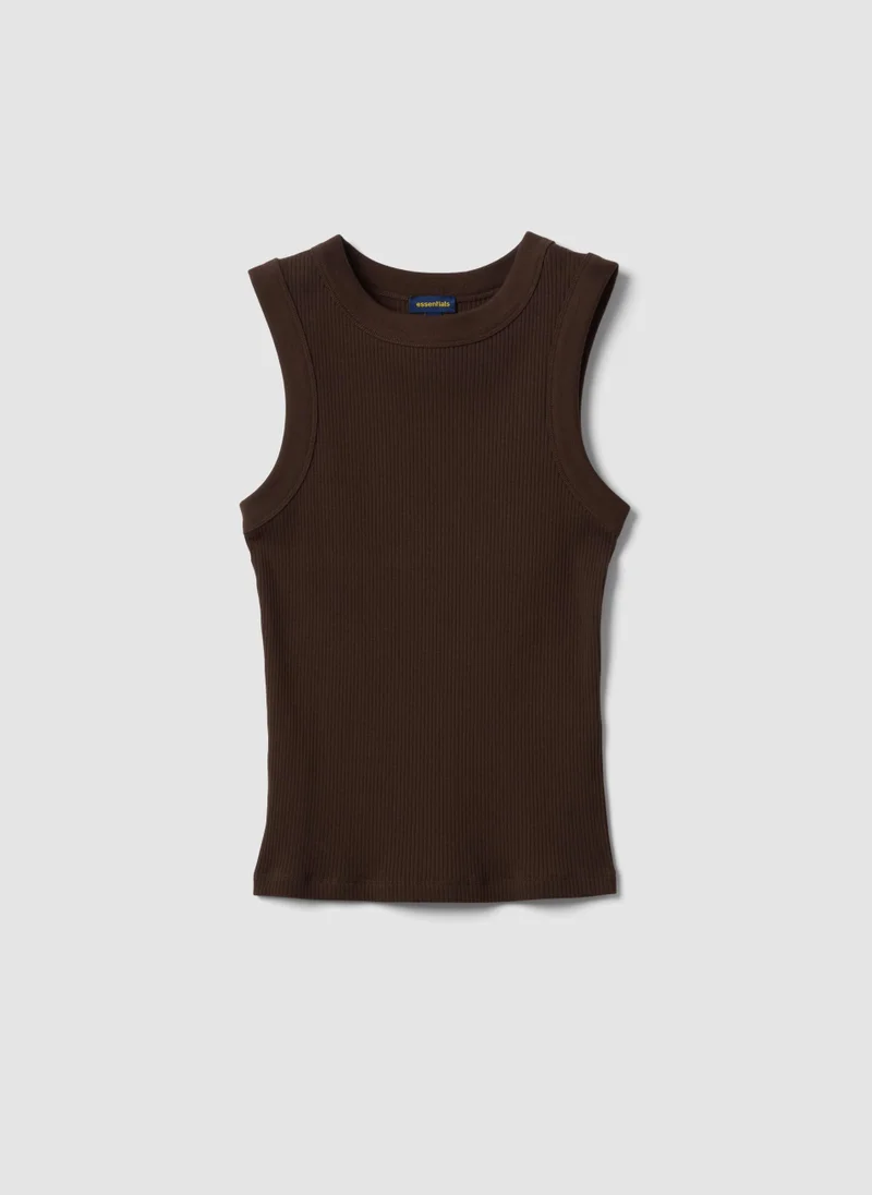 Ovs OVS Brown Fitted Ribbed Stretch-Cotton Tank Top