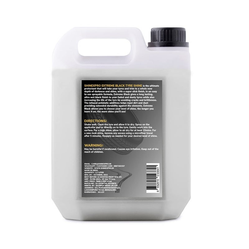 ShineXPro Bike & Car Tyre Polish - 2.7L Extreme Black Tyre Shine - Long Lasting & Dirt Repellant Formulation - Ultra Wet Black Shine, Non-Greasy Tyre Polish for Car (2.7L) - Image 2