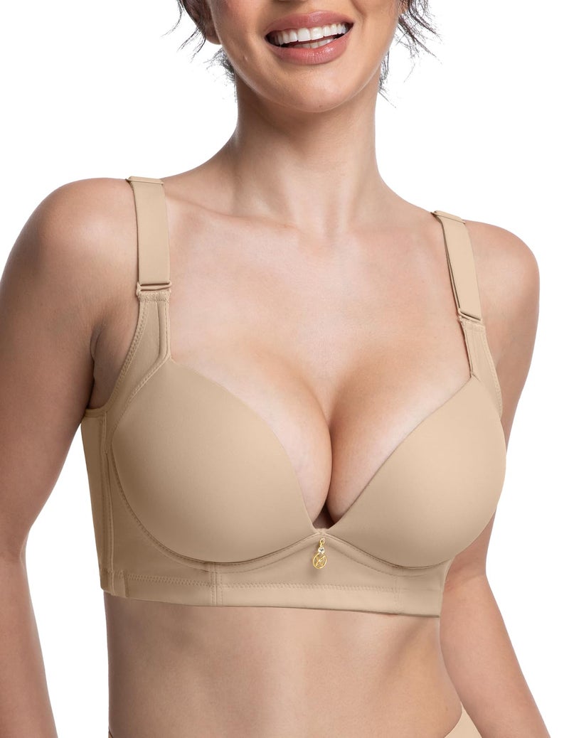 FallSweet Wireless Add 2 Cups Padded Plunge Bras Back Smoothing Push Up Brasieres, Beige, 36C - Image 5