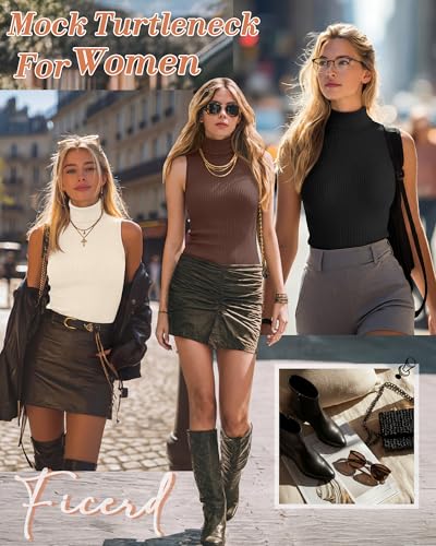 Ficerd 3 Pack Womens Sleeveless Mock Turtleneck Tank Tops Ribbed Knit Slim Fitted Stretchy Shirts Casual Layer Basic TeesBlack Cream BrownS - Image 3